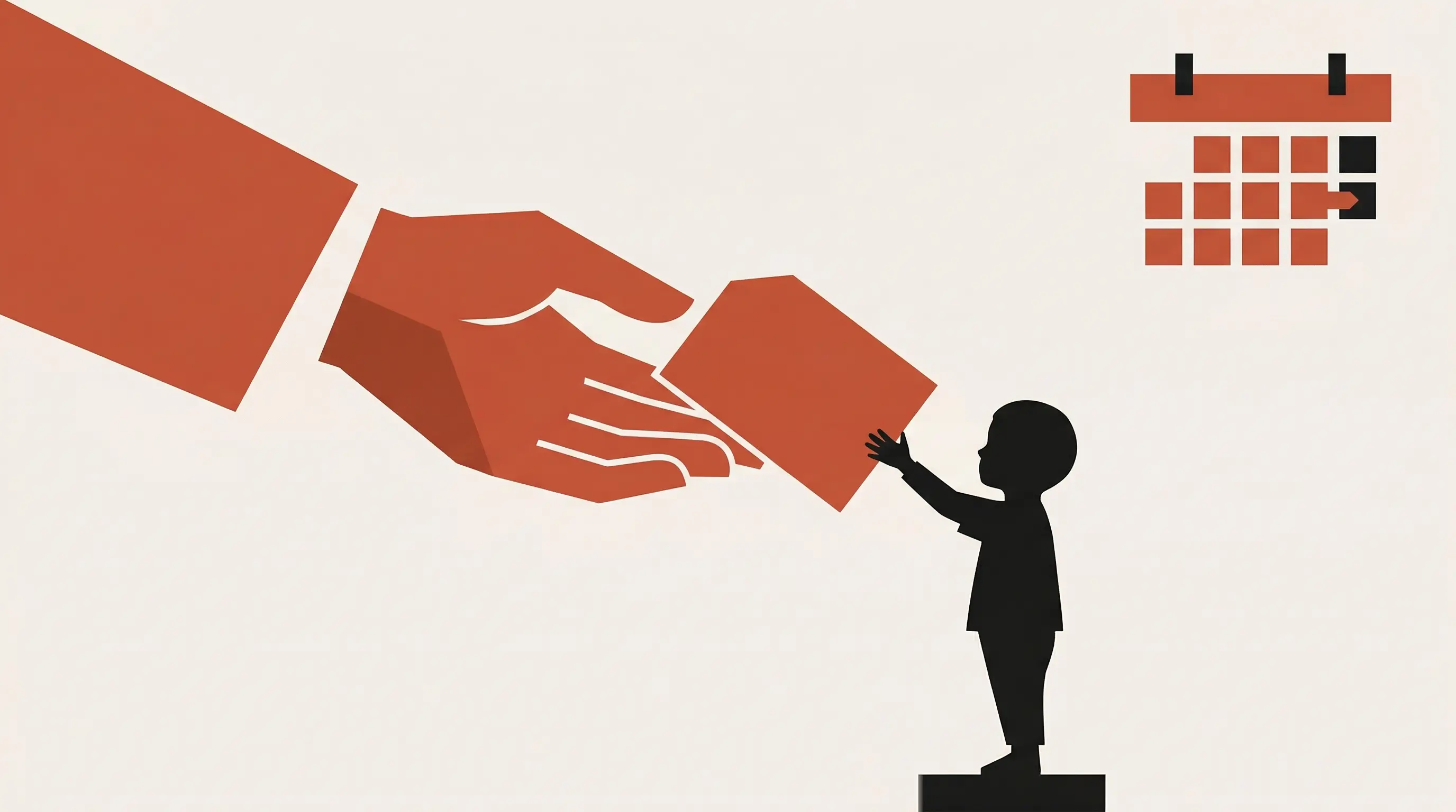 Illustration : main tendue transmettant un document à une silhouette — donation enfant