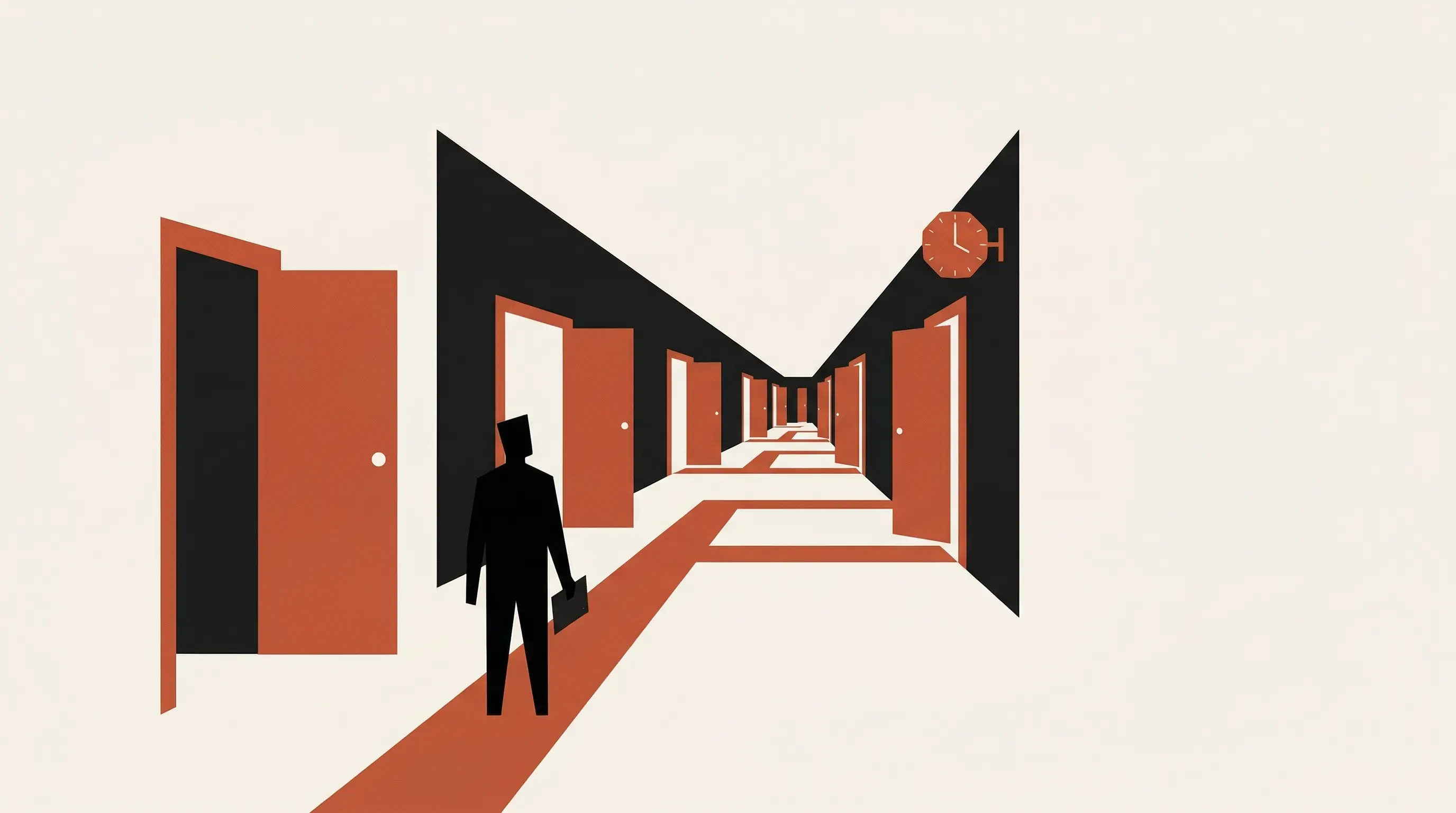 Illustration éditoriale — couloir avec portes entrouvertes représentant les démarches administratives après un décès