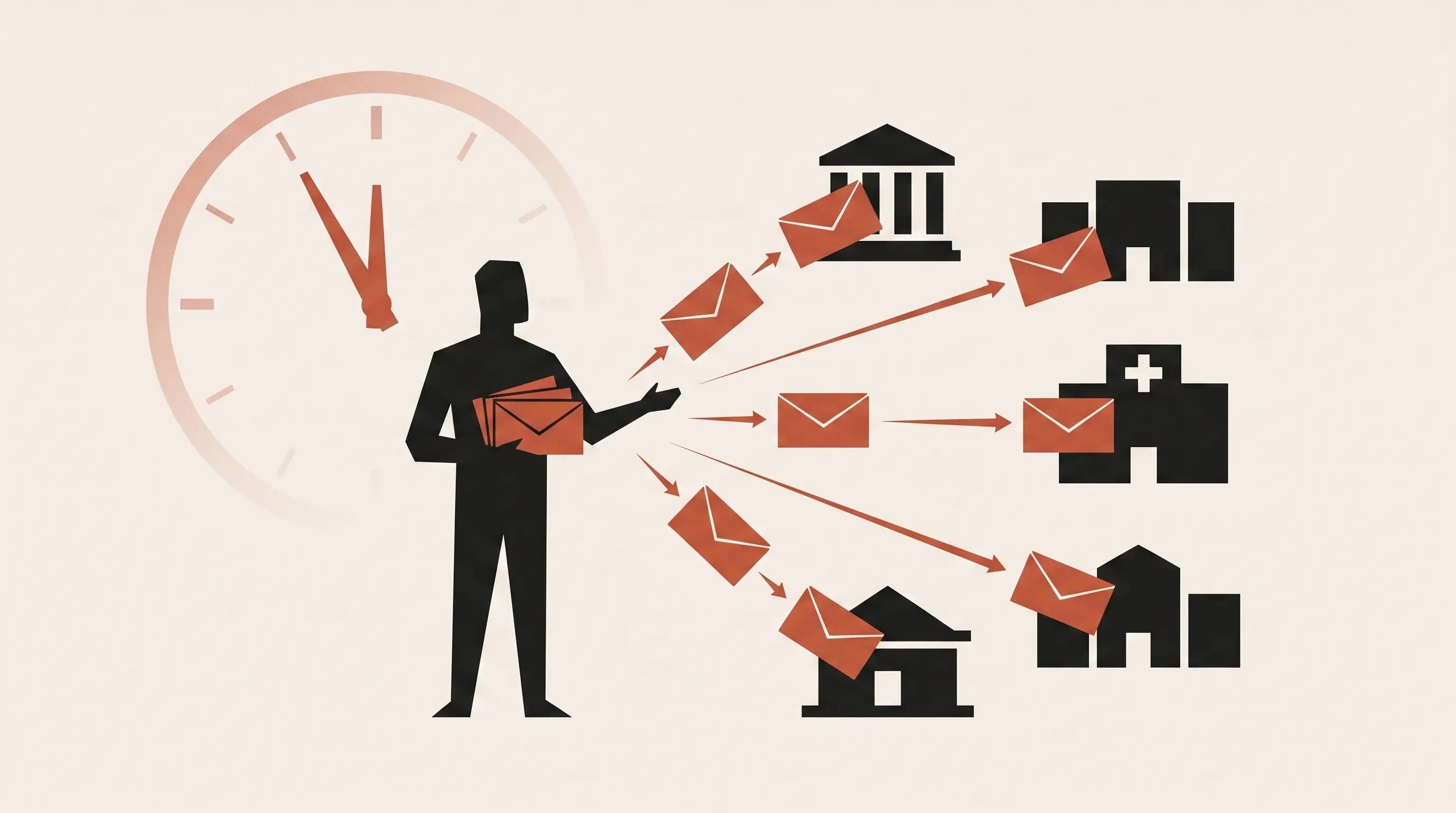 Illustration éditoriale — silhouette humaine envoyant des enveloppes vers différents organismes administratifs après un décès